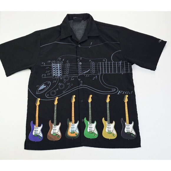 Fender Medium Mens Black Embroidered Sleeve Logo Guitar Front And Back V Neck - Picture 1 of 12
